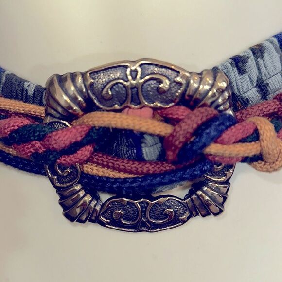 Vtg 80s/90s green, blue & gold layered statement belt with large brass buckle - Picture 2 of 7